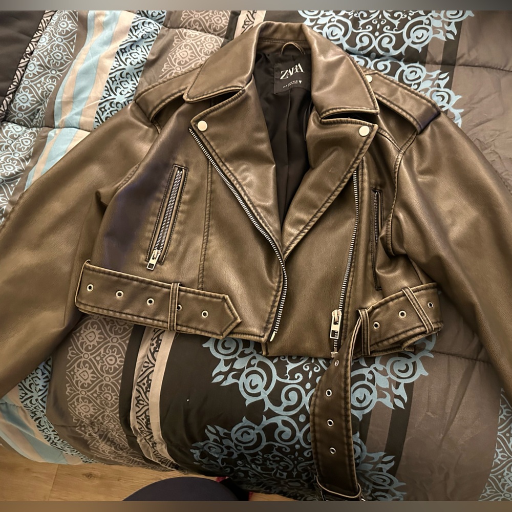 Zara Brown Leather Jacket with Embroidered Details
